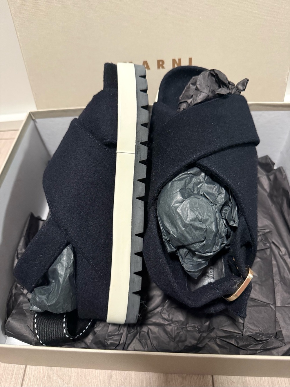 Marni Black Canvas Crisscross Slingback Sandals with White Midsole - Picture 5 of 6